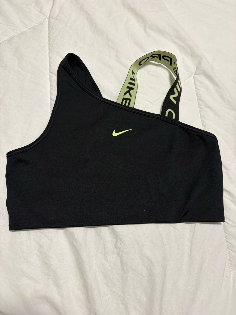 Nike Asymmetric Black Sports Bra with Neon Green Strap set